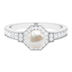 Vintage Inspired Freshwater Pearl Halo Ring with Diamond