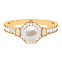 Vintage Inspired Freshwater Pearl Halo Ring with Diamond