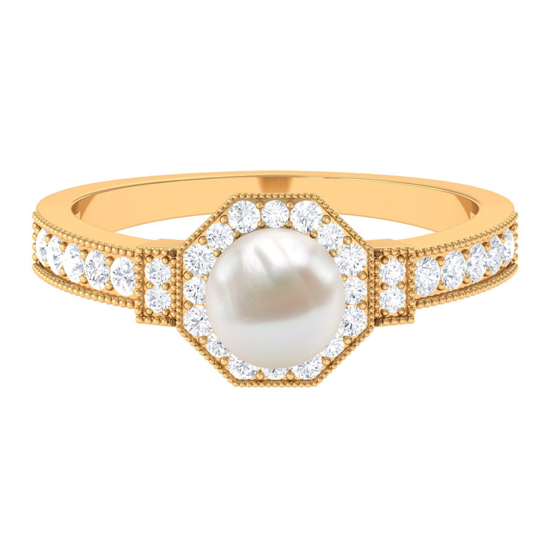 Vintage Inspired Freshwater Pearl Halo Ring with Diamond