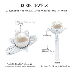 Freshwater Pearl and Diamond Flower Ring in Bypass Shank