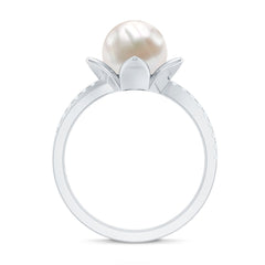 Freshwater Pearl and Diamond Flower Ring in Bypass Shank