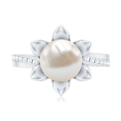 Freshwater Pearl and Diamond Flower Ring in Bypass Shank