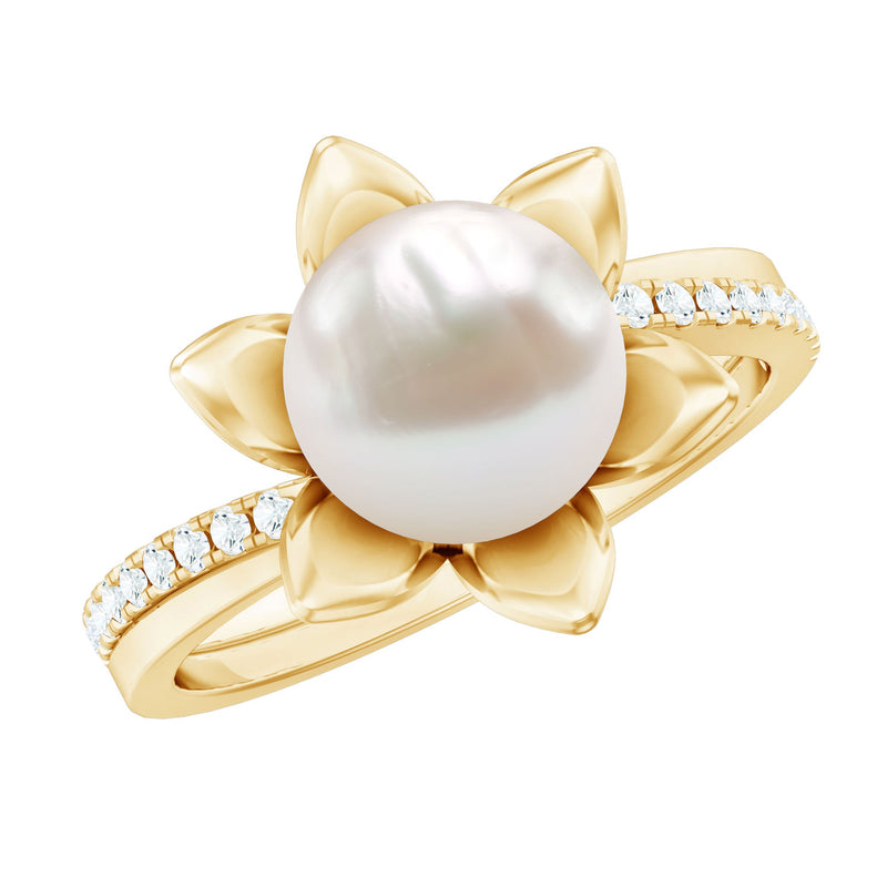 Freshwater Pearl and Diamond Flower Ring in Bypass Shank