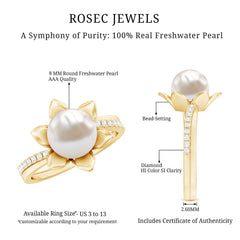 Freshwater Pearl and Diamond Flower Ring in Bypass Shank