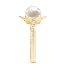 Freshwater Pearl and Diamond Flower Ring in Bypass Shank