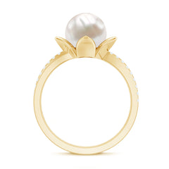 Freshwater Pearl and Diamond Flower Ring in Bypass Shank