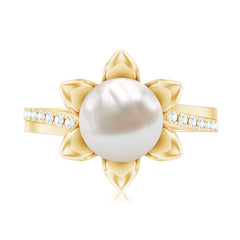 Freshwater Pearl and Diamond Flower Ring in Bypass Shank