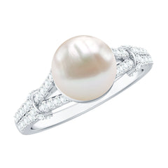 Natural White Freshwater Pearl Solitaire Engagement Ring with Diamond