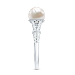 Natural White Freshwater Pearl Solitaire Engagement Ring with Diamond