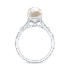 Natural White Freshwater Pearl Solitaire Engagement Ring with Diamond