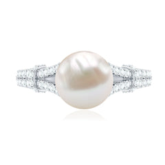 Natural White Freshwater Pearl Solitaire Engagement Ring with Diamond