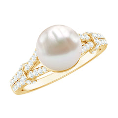 Natural White Freshwater Pearl Solitaire Engagement Ring with Diamond