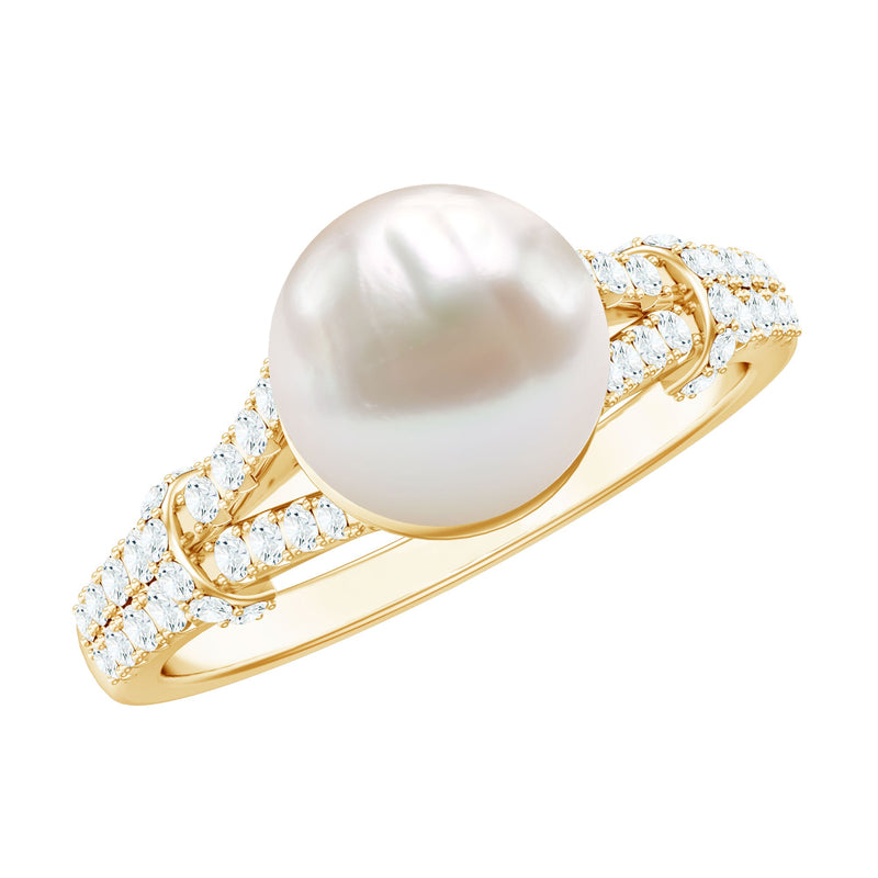 Natural White Freshwater Pearl Solitaire Engagement Ring with Diamond