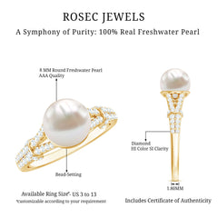 Natural White Freshwater Pearl Solitaire Engagement Ring with Diamond