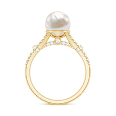 Natural White Freshwater Pearl Solitaire Engagement Ring with Diamond