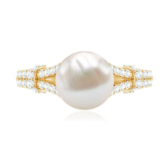 Natural White Freshwater Pearl Solitaire Engagement Ring with Diamond