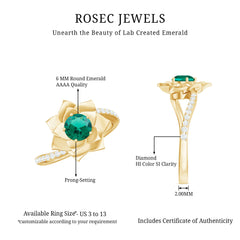 Certified Lab Grown Emerald Diamond Flower Engagement Ring with Bypass Shank