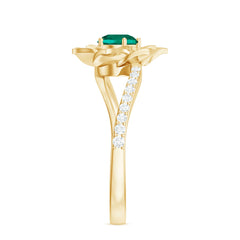 Certified Lab Grown Emerald Diamond Flower Engagement Ring with Bypass Shank