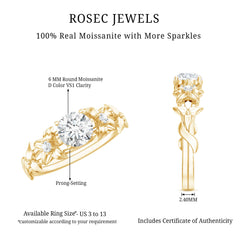 Round Cut 6 MM Moissanite Floral Engagement Ring