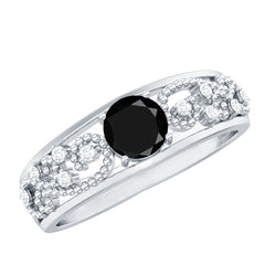 1 CT Beaded Created Black Diamond Solitaire Band Ring with Diamond Accent