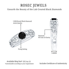 1 CT Beaded Created Black Diamond Solitaire Band Ring with Diamond Accent
