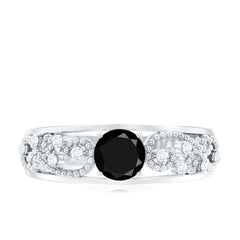 1 CT Beaded Created Black Diamond Solitaire Band Ring with Diamond Accent