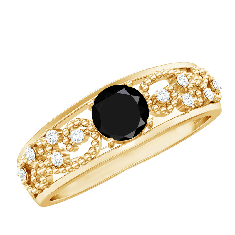 1 CT Beaded Created Black Diamond Solitaire Band Ring with Diamond Accent