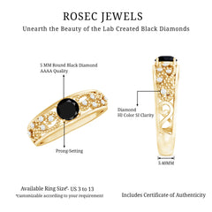 1 CT Beaded Created Black Diamond Solitaire Band Ring with Diamond Accent