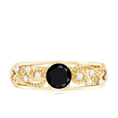 1 CT Beaded Created Black Diamond Solitaire Band Ring with Diamond Accent