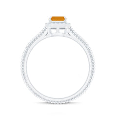 Natural Citrine Emerald Cut Engagement Ring with Diamond Halo