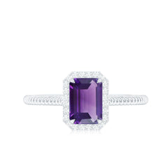 1.5 CT Octagon Cut Amethyst Solitaire Engagement Ring with Diamond Halo