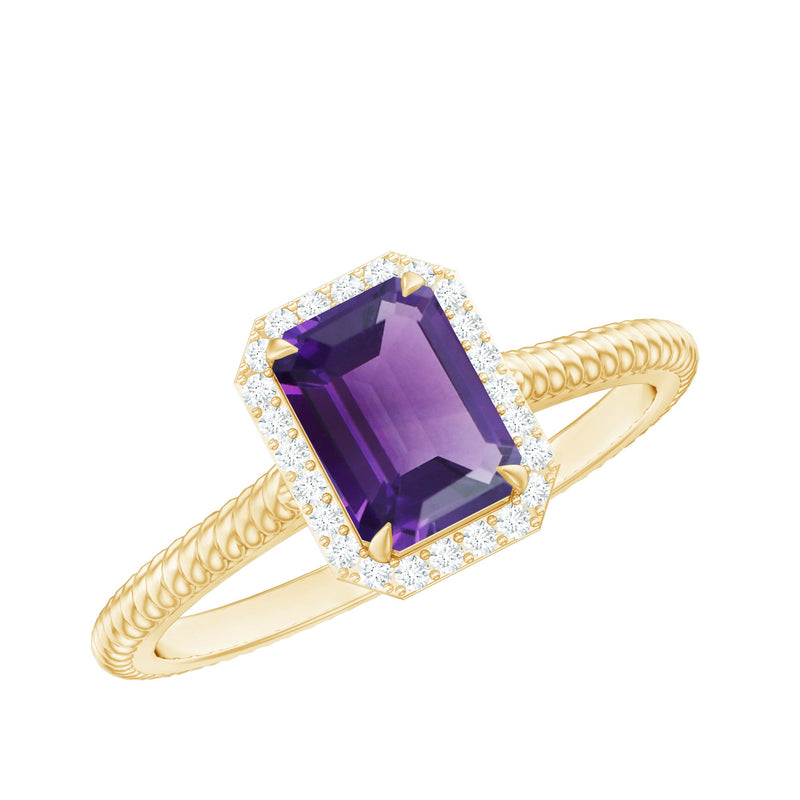 1.5 CT Octagon Cut Amethyst Solitaire Engagement Ring with Diamond Halo