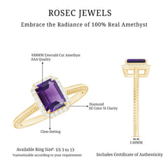 1.5 CT Octagon Cut Amethyst Solitaire Engagement Ring with Diamond Halo