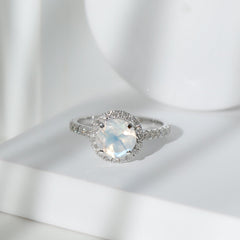 0.8 Carat Round Moonstone Halo Engagement Ring with Diamond