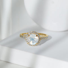 0.8 Carat Round Moonstone Halo Engagement Ring with Diamond
