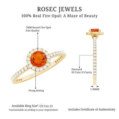 Round Shape Fire Opal Halo Engagement Ring with Diamond