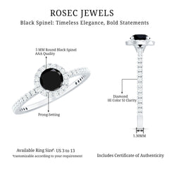 Black Spinel Minimal Engagement Ring with Diamond Halo