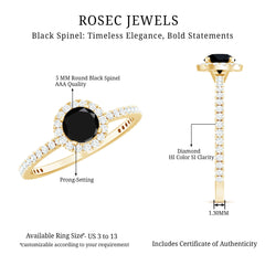 Black Spinel Minimal Engagement Ring with Diamond Halo