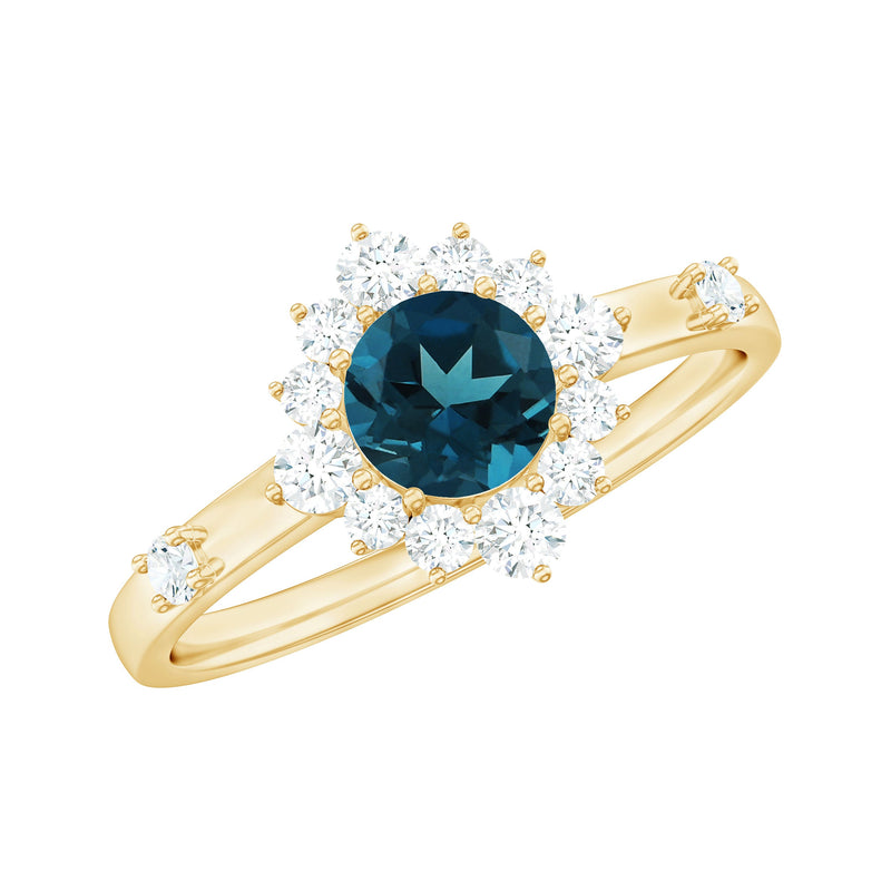 Round London Blue Topaz Promise Ring with Diamond Halo