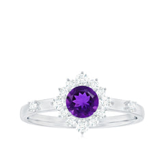 Round Amethyst and Diamond Classic Halo Ring