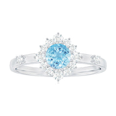 Genuine 0.8 Carat Aquamarine and Diamond Halo Engagement Ring