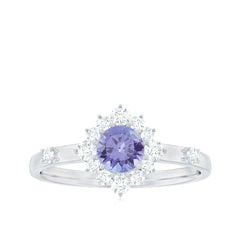 Minimal Tanzanite Engagement Ring with Diamond Halo