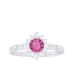 Round Pink Tourmaline Classic Halo Engagement Ring with Diamond