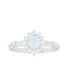 1 CT Round Moonstone and Diamond Halo Engagement Ring