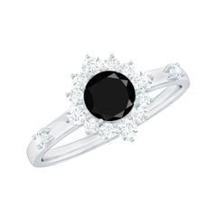 Certified Genuine 5mm Black Onyx Halo Ring with Diamond