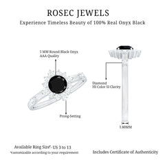 Certified Genuine 5mm Black Onyx Halo Ring with Diamond