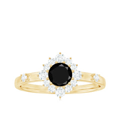 Certified Genuine 5mm Black Onyx Halo Ring with Diamond