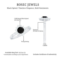 Natural Black Spinel Promise Ring with Diamond Halo