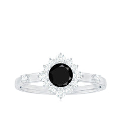 Natural Black Spinel Promise Ring with Diamond Halo