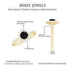 Natural Black Spinel Promise Ring with Diamond Halo